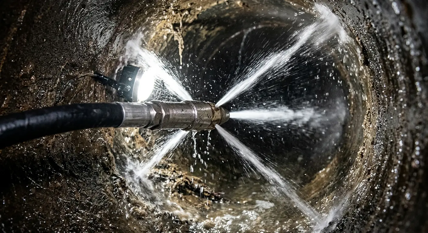 High-pressure hydro jetting nozzle cleaning sewer pipe for Storm Drain Cleaning in Washingtonville