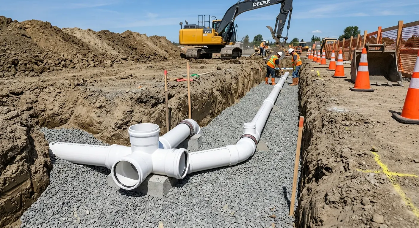 New PVC sewer pipe installation in open trench for Grease Trap Cleaning in Washingtonville