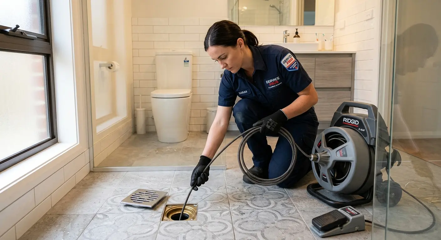 Technician clearing a bathroom floor drain for Drain Repair in Washingtonville